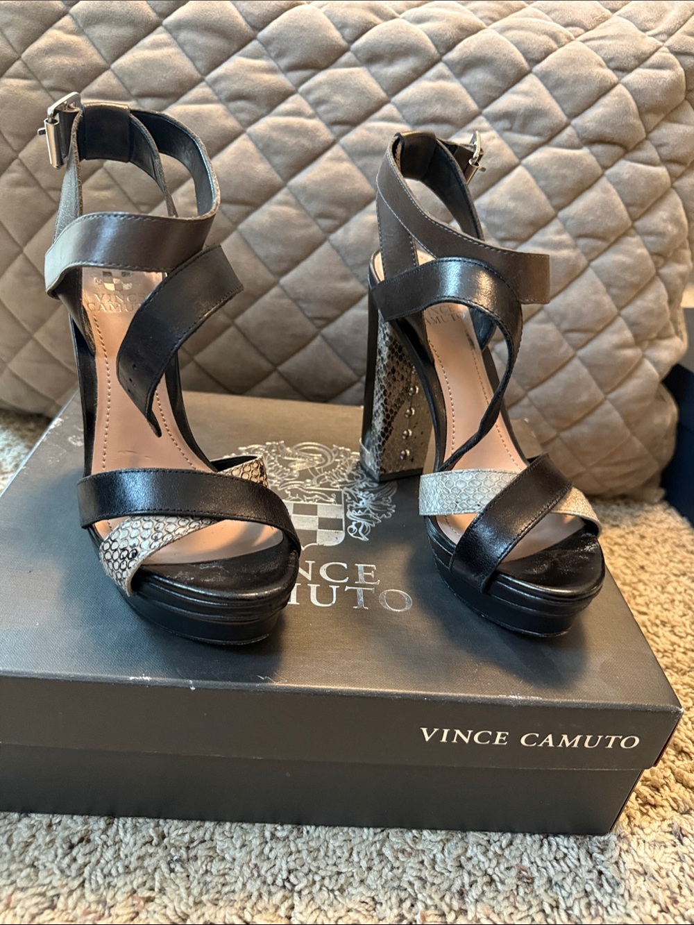 Vince Camuto Black Heeled Sandals with Snake-Print Accents